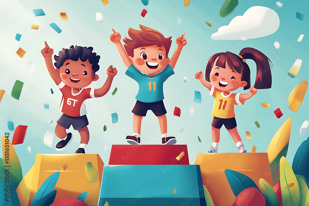 Three children celebrating on a podium with confetti, showcasing joy and achievement. Three children celebrating on a podium with confetti, showcasing joy and achievement.