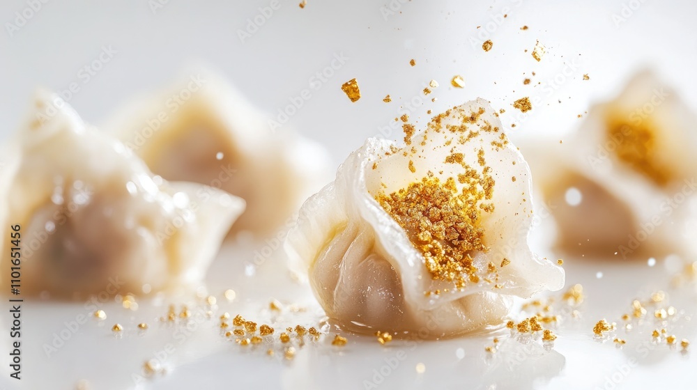 Bite-sized Asian dumplings with edible gold, stark white background Bite-sized Asian dumplings with edible gold, stark white background