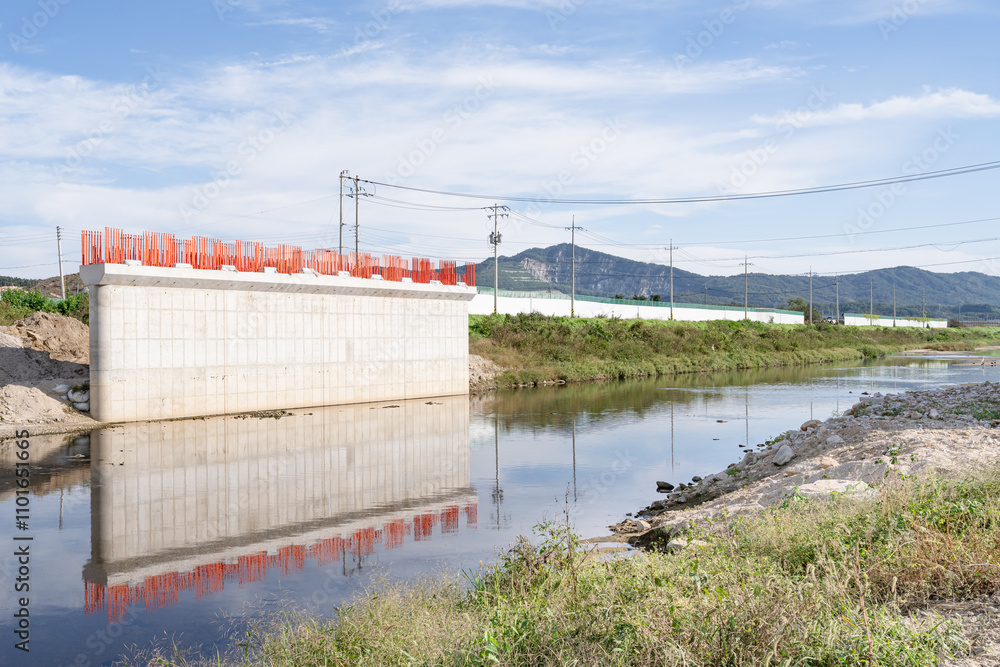 A bridge construction site, using modern technologyHaving laid a foundation to build a bridge, A bridge construction site, using modern technologyHaving laid a foundation to build a bridge,