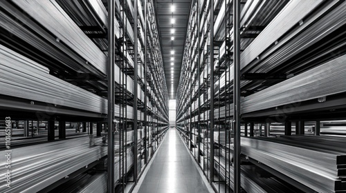 Rows of aluminum profiles stored on tall racks in a spacious warehouse. The symmetry of the layout and the reflective surfaces of the aluminum create a sense of order and scale. photo