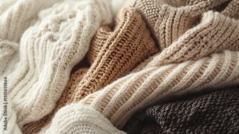 A Close-Up of Soft, Neutral-Colored Knitted Sweaters in a Pile A Close-Up of Soft, Neutral-Colored Knitted Sweaters in a Pile