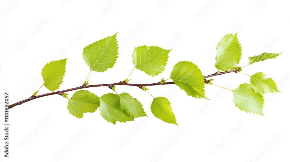 Obraz premium Vibrant green birch leaves sprouting on a slender spring twig, showcasing fresh foliage and delicate buds against a clean background.