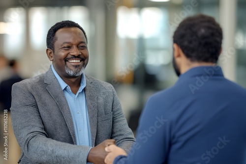Two Men in Business Casual Attire Shaking Hands in an Office Setting
