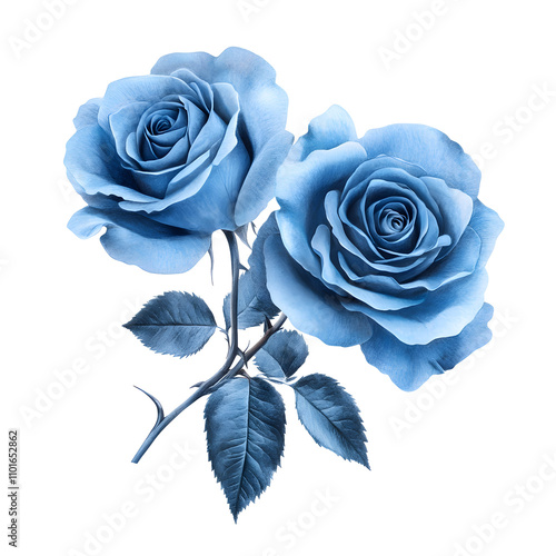A pair of blue roses with leaves, symbolizing beauty and uniqueness.