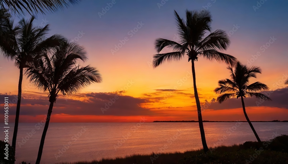 Silhouette of Palm Trees Framed by Vibrant Tropical Sunrise or Sunset Sky, Showcasing a Stunning Blend of Warm Colors and Peaceful Scenery, Perfect for Travel, Nature, and Relaxation Themes Silhouette of Palm Trees Framed by Vibrant Tropical Sunrise or Sunset Sky, Showcasing a Stunning Blend of Warm Colors and Peaceful Scenery, Perfect for Travel, Nature, and Relaxation Themes
