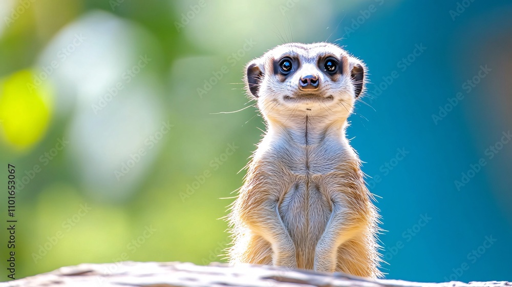 custom made wallpaper toronto digital2409_074. A curious meerkat surrounded by  zoo enclosure, showcasing a  sentry duty in a vibrant outdoor setting. This image captures the essence of adventure and happiness in nature