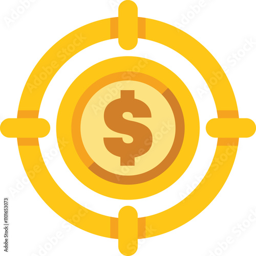 This vector illustration shows a target aiming at a gold dollar coin, representing the pursuit of financial objectives
