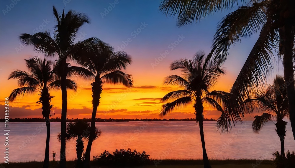 Serene Silhouette of Palm Trees Against a Vibrant Tropical Sunrise or Sunset Sky, Illuminating the Horizon with Warm Hues of Orange, Pink, and Purple – Tranquil Scene Capturing Tropical Serene Silhouette of Palm Trees Against a Vibrant Tropical Sunrise or Sunset Sky, Illuminating the Horizon with Warm Hues of Orange, Pink, and Purple – Tranquil Scene Capturing Tropical