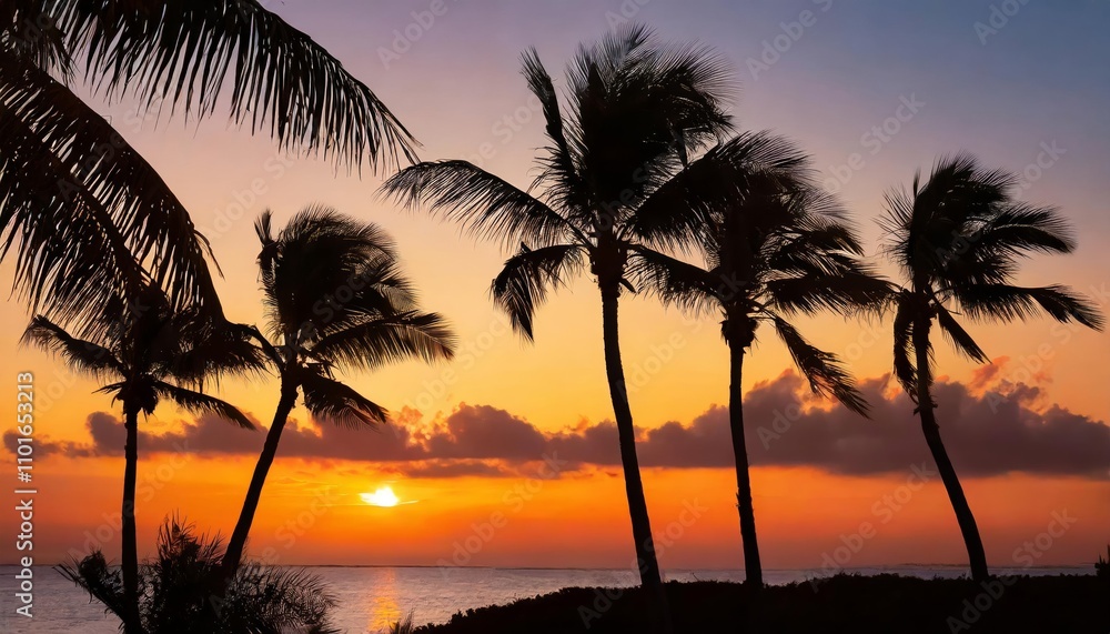 Breathtaking Silhouette of Palm Trees Against a Vibrant Tropical Sunrise or Sunset Sky, Capturing the Serene Ambiance of Paradise with Golden, Pink, and Orange Hues in a Coastal Landscape Breathtaking Silhouette of Palm Trees Against a Vibrant Tropical Sunrise or Sunset Sky, Capturing the Serene Ambiance of Paradise with Golden, Pink, and Orange Hues in a Coastal Landscape