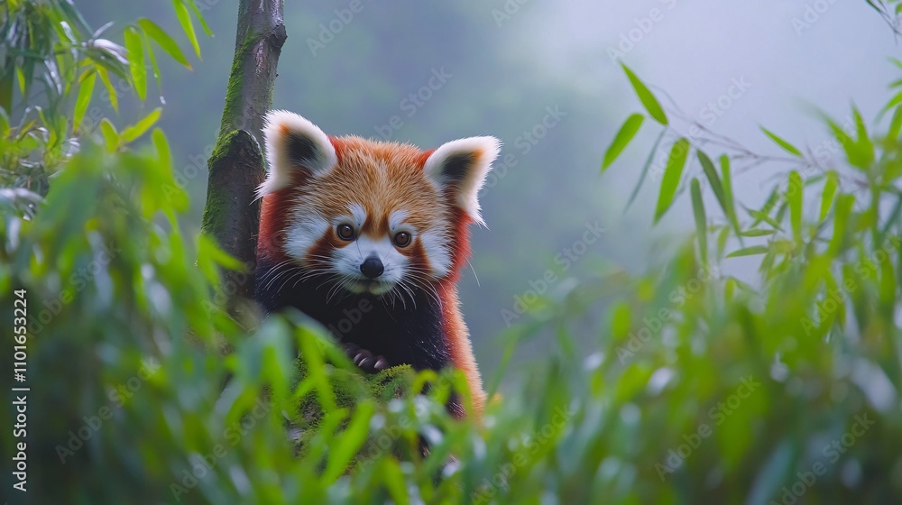 2409_024. A curious red panda surrounded by misty bamboo forest, showcasing a tree balancing in a vibrant outdoor setting. This image captures the essence of adventure and happiness in nature 2409_024. A curious red panda surrounded by misty bamboo forest, showcasing a tree balancing in a vibrant outdoor setting. This image captures the essence of adventure and happiness in nature