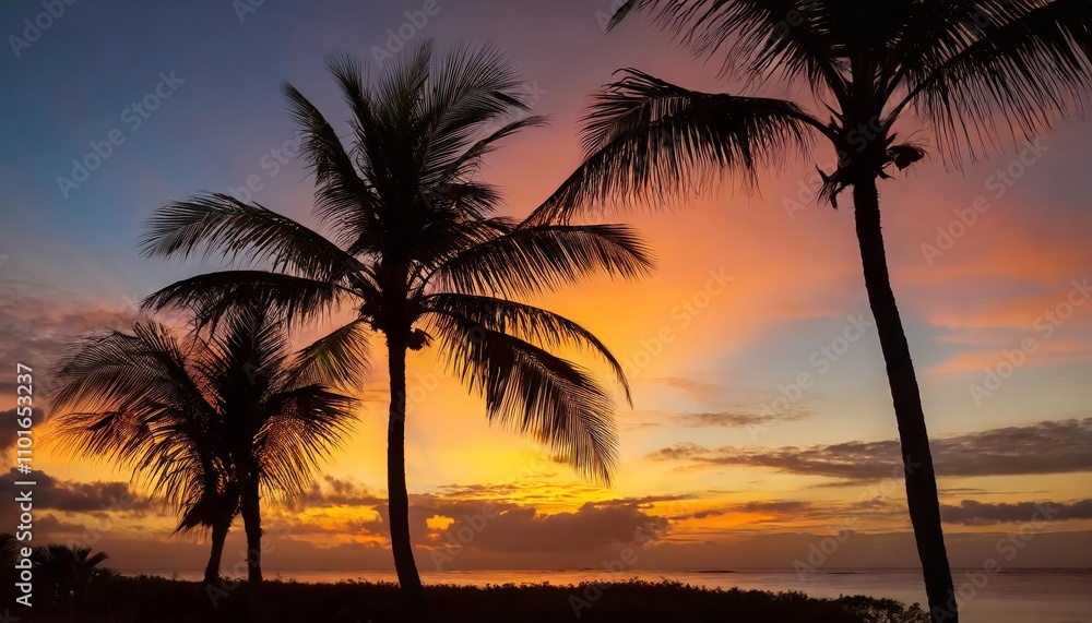 Mesmerizing silhouette of tropical palm trees set against a vibrant sunrise or sunset sky, blending vivid hues of orange, pink, and purple to create a serene and enchanting natural Mesmerizing silhouette of tropical palm trees set against a vibrant sunrise or sunset sky, blending vivid hues of orange, pink, and purple to create a serene and enchanting natural