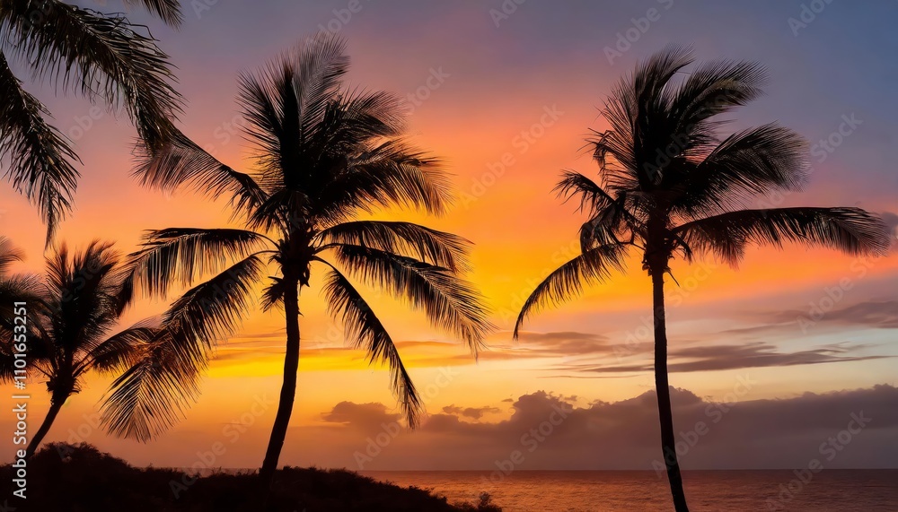 Silhouette of palm trees against a vibrant tropical sunrise or sunset, showcasing serene skies with vivid hues of orange, pink, and purple, reflecting tranquility and natural beauty. Silhouette of palm trees against a vibrant tropical sunrise or sunset, showcasing serene skies with vivid hues of orange, pink, and purple, reflecting tranquility and natural beauty.
