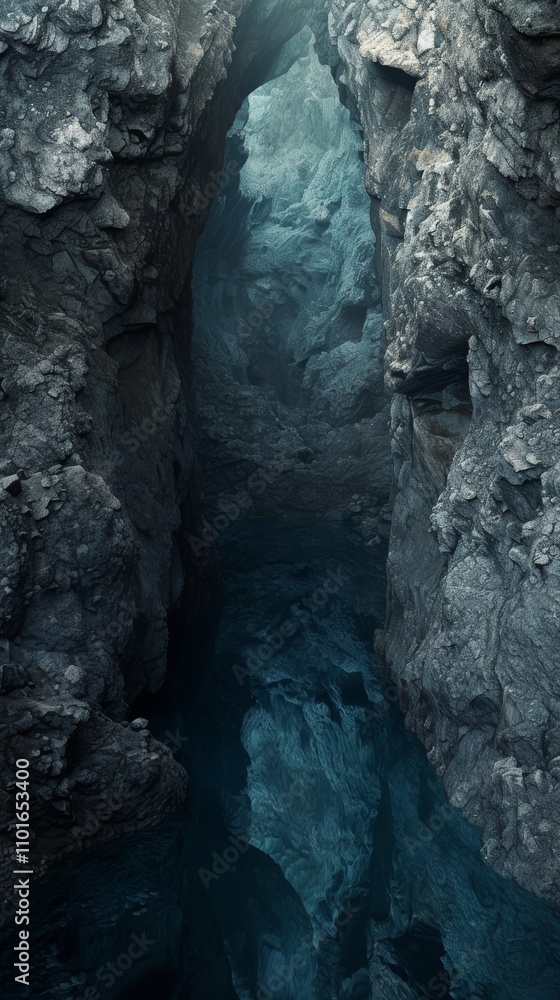 A narrow rock passageway surrounded by towering stone walls, leading into a mysterious dark blue pool of water. The rugged textures of the rocks add depth to the scene. A narrow rock passageway surrounded by towering stone walls, leading into a mysterious dark blue pool of water. The rugged textures of the rocks add depth to the scene.