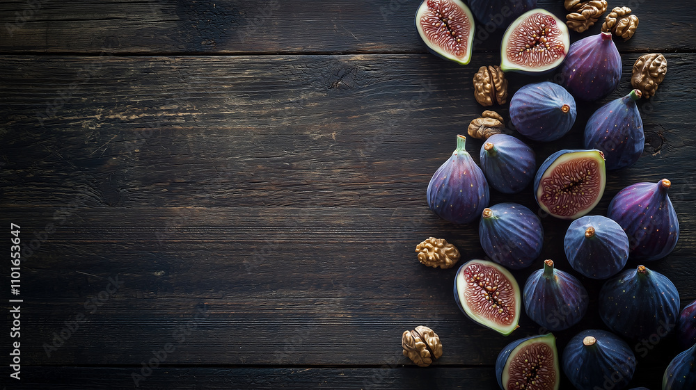Fresh figs and walnuts scattered on rustic wooden surface create beautiful and inviting display. rich colors and textures evoke sense of natural abundance and warmth Fresh figs and walnuts scattered on rustic wooden surface create beautiful and inviting display. rich colors and textures evoke sense of natural abundance and warmth