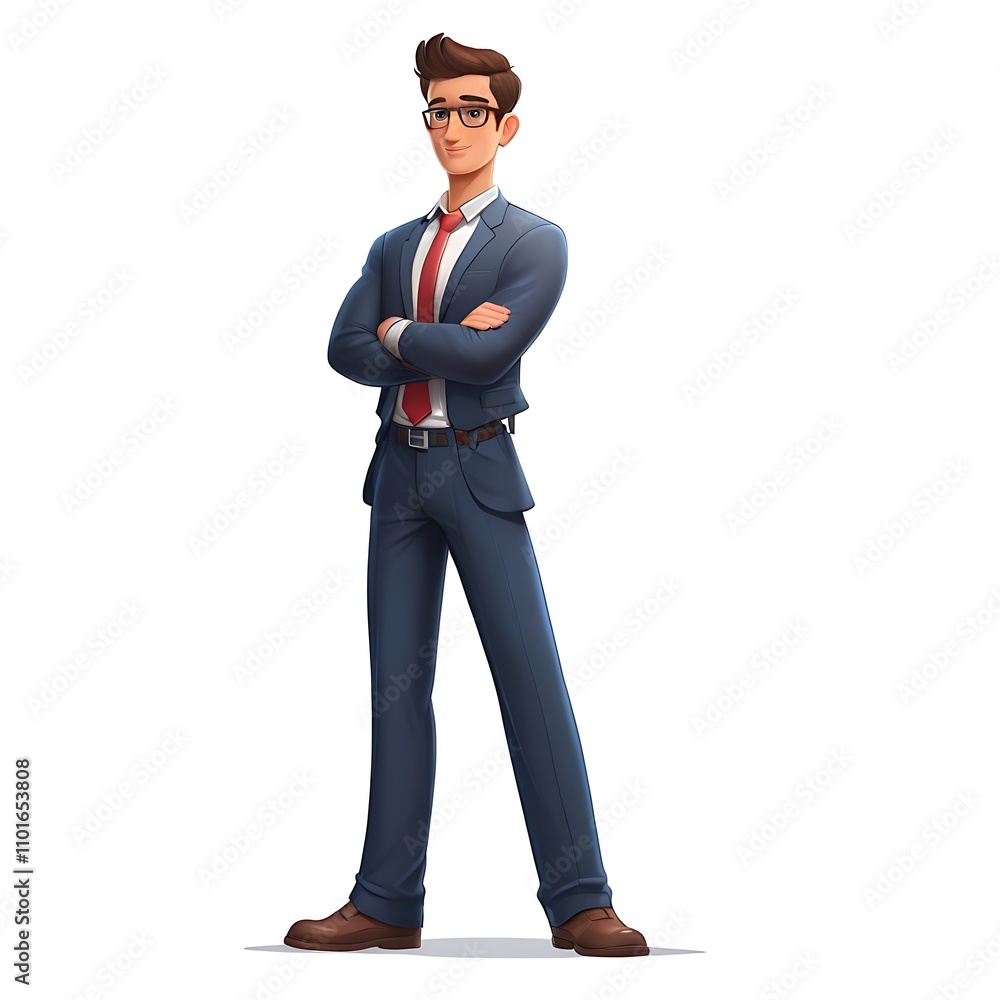 Cartoon employee standing with arms behind back, looking professional on a white background. Cartoon employee standing with arms behind back, looking professional on a white background.
