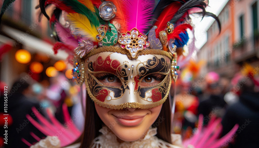 A close-up of a woman wearing a colorful, feathered carnival mask with intricate details and a vibrant background A close-up of a woman wearing a colorful, feathered carnival mask with intricate details and a vibrant background