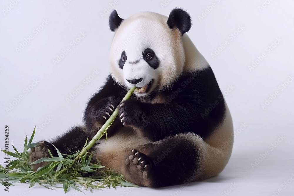 Portrait of chubby panda eating bamboo isolated on white background, Selective focus white and black stripe bear eating bamboo sprout. Portrait of chubby panda eating bamboo isolated on white background, Selective focus white and black stripe bear eating bamboo sprout.