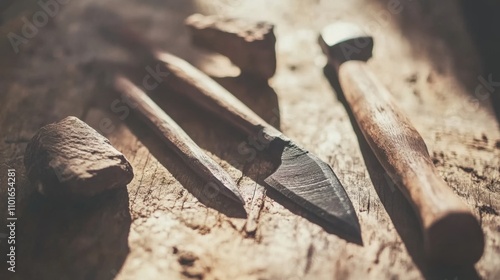  Close-up of ancient stone tools, sharp flint knives, and polished axes on a weathered wooden surface, symbolizing prehistoric craftsmanship and the dawn of human ingenuity. photo