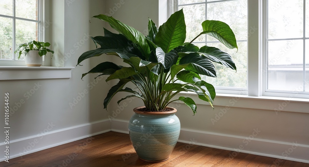 Fototapeta premium Large indoor plant placed in a ceramic pot near a window
