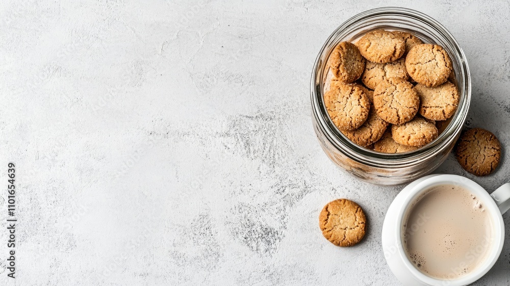 Amaretti cookies in a glass jar next to a white coffee cup on a light gray background, viewed from above with generous empty space for text. Amaretti cookies in a glass jar next to a white coffee cup on a light gray background, viewed from above with generous empty space for text.