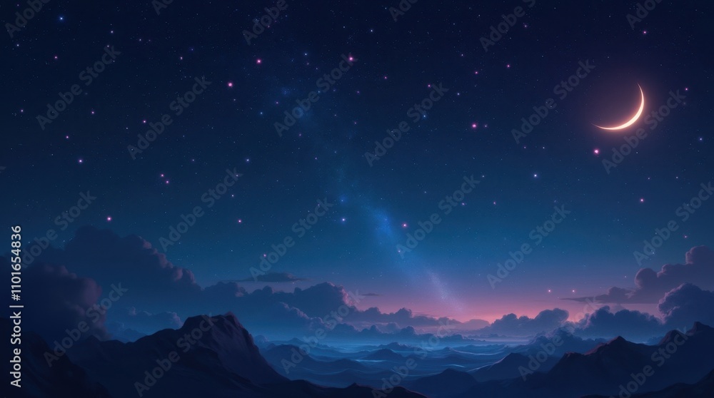 Rainbow Constellations and Crescent Moon in a Sparkling Night Sky Rainbow Constellations and Crescent Moon in a Sparkling Night Sky