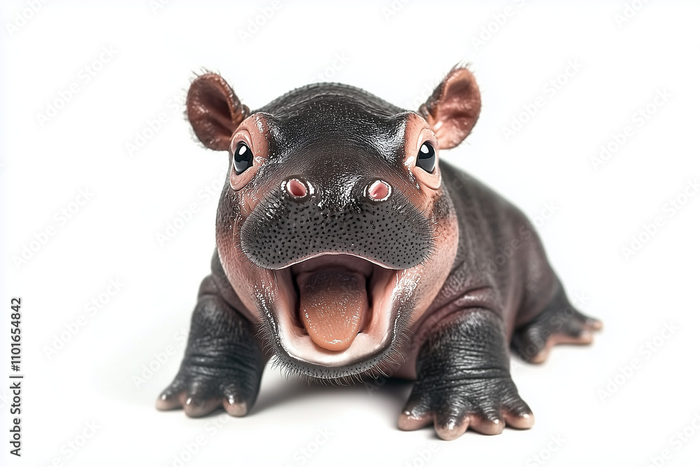 Selective focus baby hippo roar isolated on white background, Aggressive hippopotamus on white. Selective focus baby hippo roar isolated on white background, Aggressive hippopotamus on white.