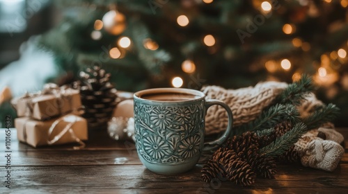 Wallpaper Mural Festive coffee cup on a rustic wooden table surrounded by pinecones, greenery, and wrapped gifts, with a beautifully lit Christmas tree in the background. Torontodigital.ca