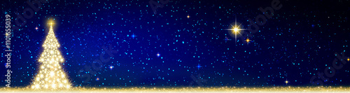 Merry Christmas background with golden fir tree on stars sky background