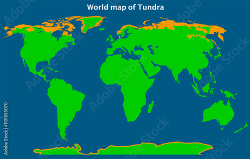 Tundra biome map,  poles location. Alpine, arctic, antarctic tundra. Regions,  ice caps of the Arctic and extending across North America. Yellow areas. Cold, treeless, tunturia, climate earth. Vector 