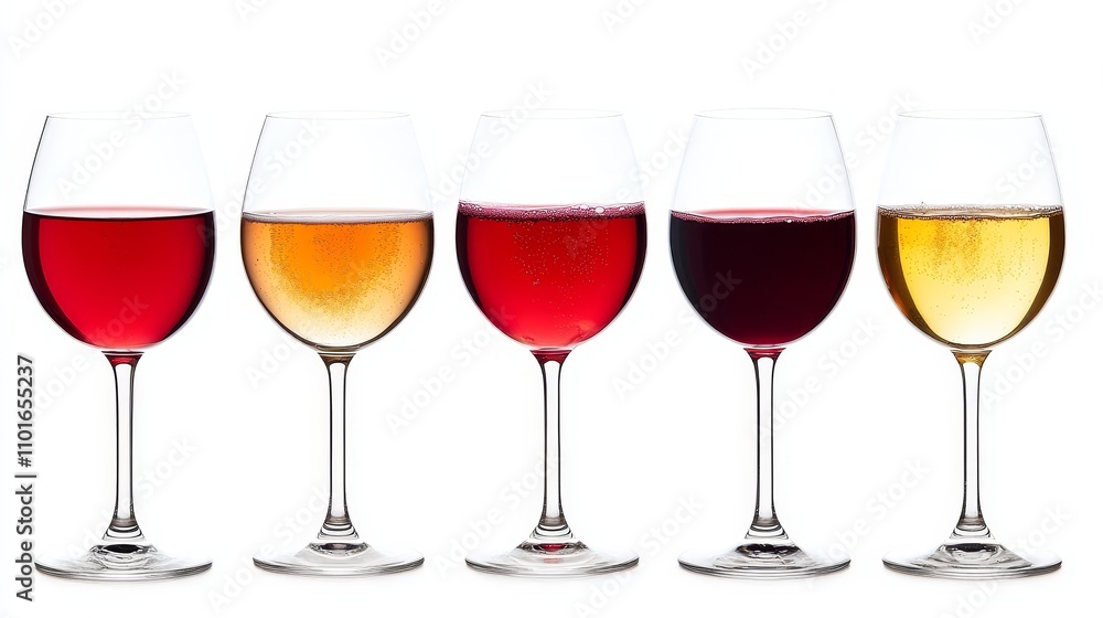 A row of five wine glasses filled with different types of wine. A row of five wine glasses filled with different types of wine.