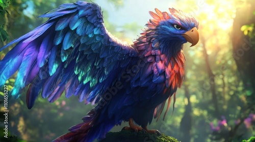 Majestic iridescent bird perched in a sunlit forest