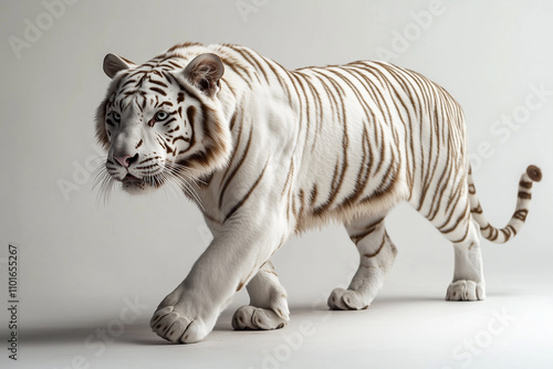 Portrait of elegant white tiger isolated on white background, Selective focus white tiger with walking posture on white. photo