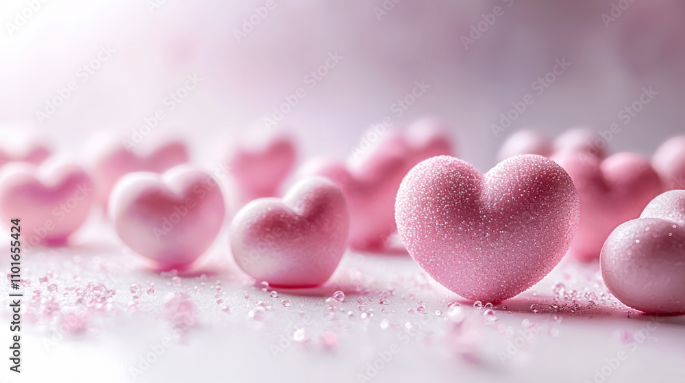 Fototapeta premium Background of pink heart shaped candy with sugar crystals on white surface.
