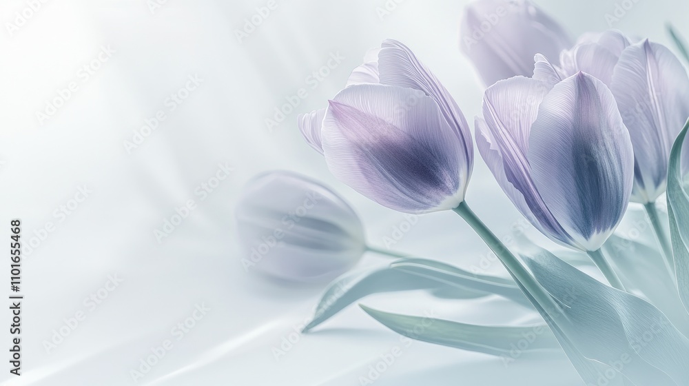 Fototapeta premium Delicate lilac tulip bouquet arranged elegantly on a white table, showcasing a minimalist design for a serene spring-themed presentation.