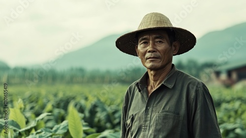 Elderly farmer wearing a straw hat stands amidst lush tobacco plants, reflecting the shift from traditional farming to industrial agriculture.