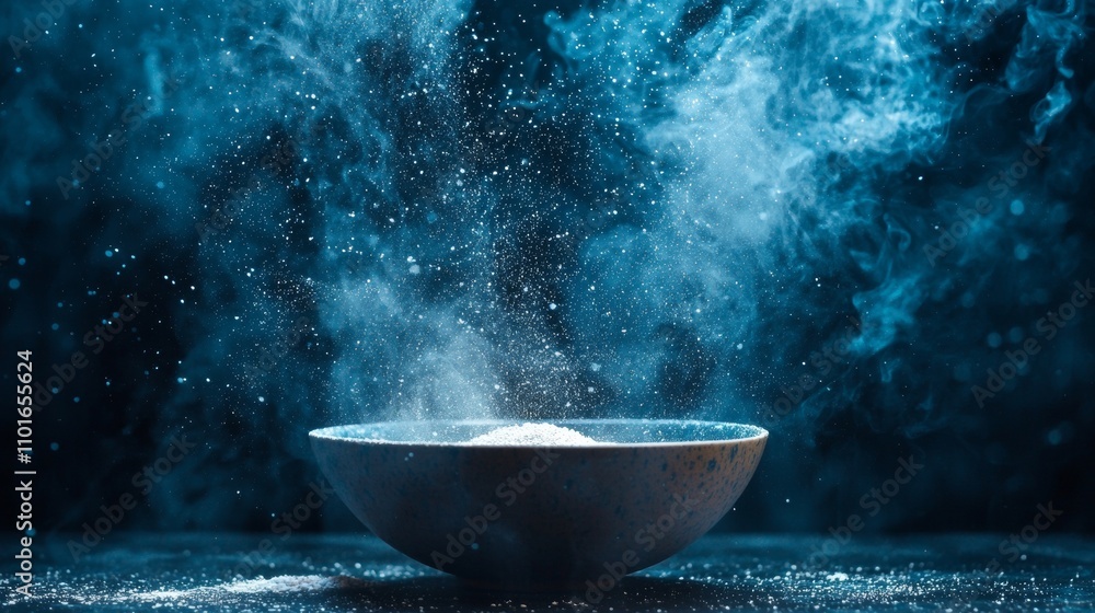 Blue ceramic bowl with floating powdered particles Blue ceramic bowl with floating powdered particles