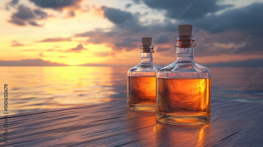 Glass bottles filled with golden liquid resting on a wooden table, illuminated by a warm sunset reflecting over tranquil waters with soft clouds. Glass bottles filled with golden liquid resting on a wooden table, illuminated by a warm sunset reflecting over tranquil waters with soft clouds.