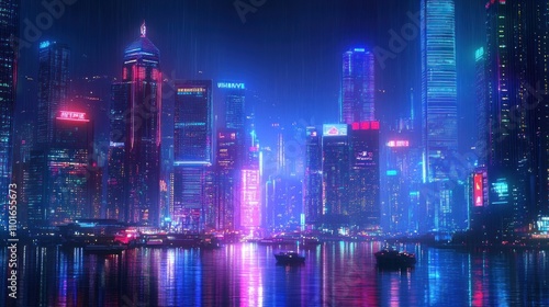 The cityscape of Hong Kong at night, with tall skyscrapers bathed in neon lights and reflections in the harbor, embodying the spirit of a lively, modern city.