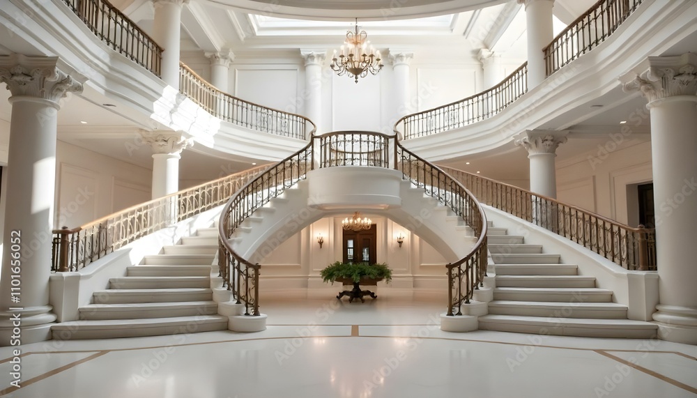 Fototapeta premium A grand, ornate interior with a sweeping staircase, intricate architectural details, and a chandelier hanging from the domed ceiling.