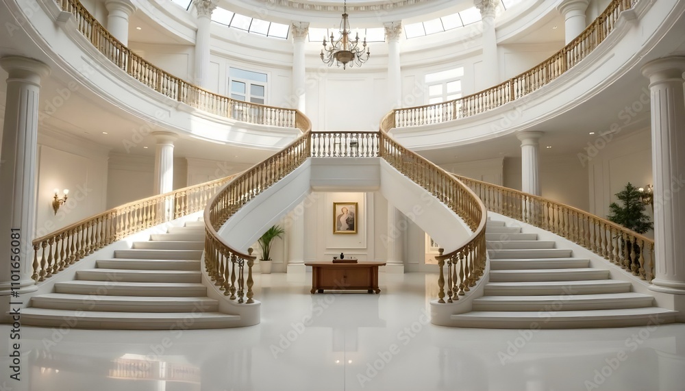 Fototapeta premium A grand, ornate interior with a sweeping staircase, intricate architectural details, and a chandelier hanging from the domed ceiling.