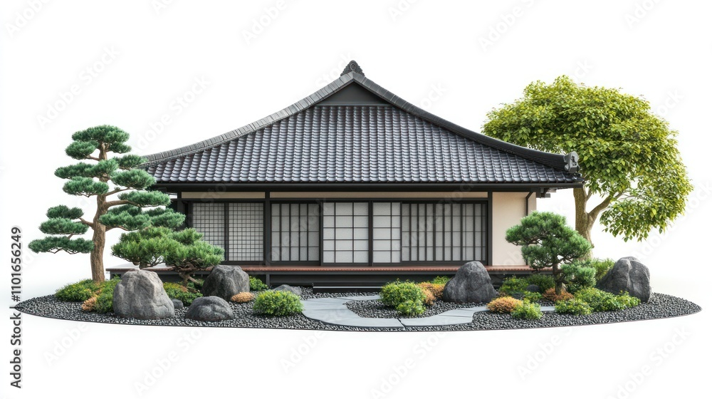 Tranquil Japanese House Surrounded By Lush Greenery And Rocks Tranquil Japanese House Surrounded By Lush Greenery And Rocks
