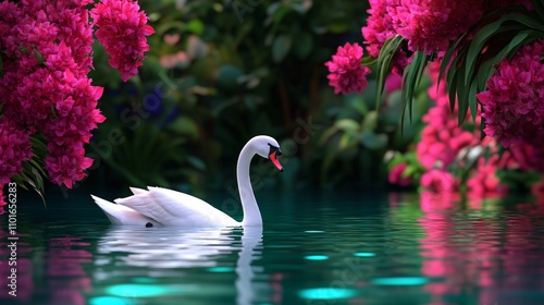 2409_046. A graceful swan surrounded by  tranquil pond, showcasing a  serene gliding in a vibrant outdoor setting. This image captures the essence of adventure and happiness in nature photo