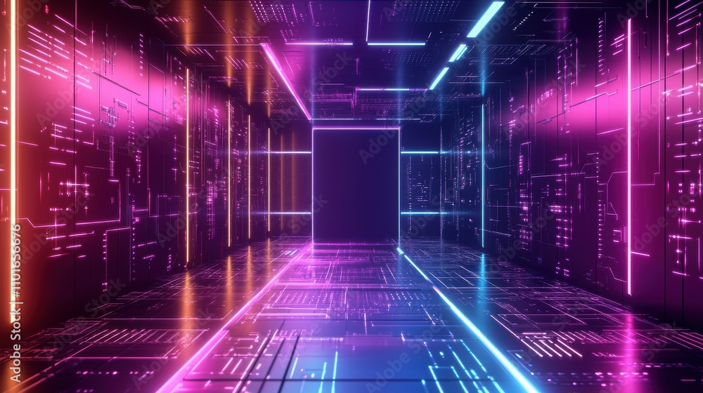 A futuristic corridor with glowing neon lights and digital patterns. A futuristic corridor with glowing neon lights and digital patterns.