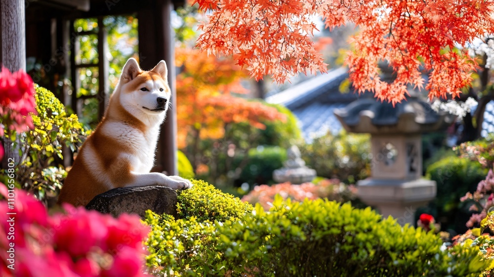 Fototapeta premium 2409_095. A loyal akita surrounded by japanese garden, showcasing a noble posture in a vibrant outdoor setting. This image captures the essence of adventure and happiness in nature