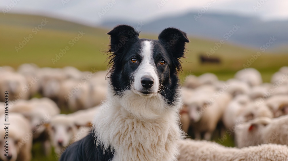2409_023. A loyal border collie surrounded by sheep pasture, showcasing a herding skills in a vibrant outdoor setting. This image captures the essence of adventure and happiness in nature 2409_023. A loyal border collie surrounded by sheep pasture, showcasing a herding skills in a vibrant outdoor setting. This image captures the essence of adventure and happiness in nature