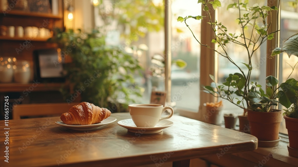 A cozy cafe scene featuring a croissant and a cup of coffee by a sunlit window with plants. A cozy cafe scene featuring a croissant and a cup of coffee by a sunlit window with plants.