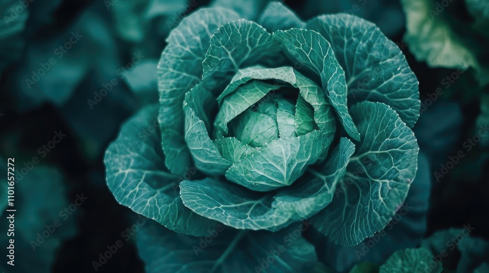 Fototapeta premium Close-up of vibrant green cabbage flourishing in a lush garden, emphasizing the essence of organic farming and the beauty of fresh produce.