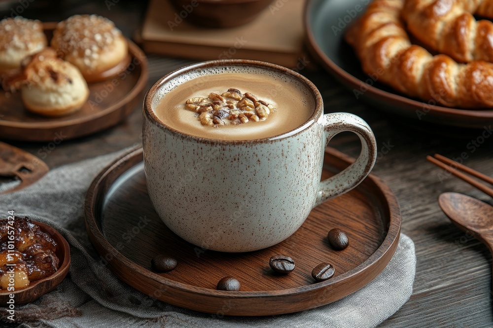 Coffee cup, nuts, pastries, wooden tray, cozy setting. Coffee cup, nuts, pastries, wooden tray, cozy setting.