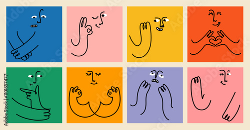 Emoji set of diverse people face doing funny hand gestures and emotions. Colorful avatar design of the social media emojis in modern flat cartoon simple doodle art style