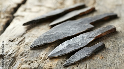 Close-up of ancient stone tools, sharp flint knives, and polished axes on a weathered wooden surface, symbolizing prehistoric craftsmanship and the dawn of human ingenuity photo